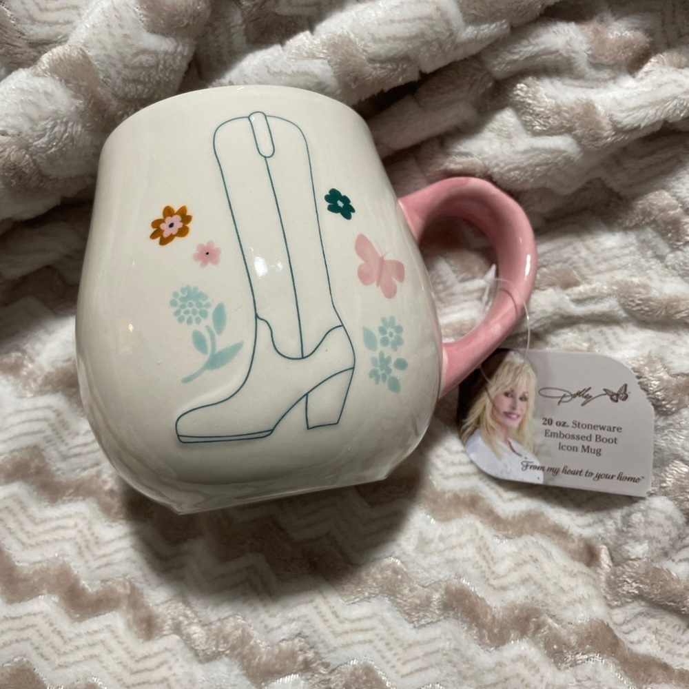 New Dolly Parton 20 Oz Embossed Stoneware Boot Icon Mug Double Sided Floral